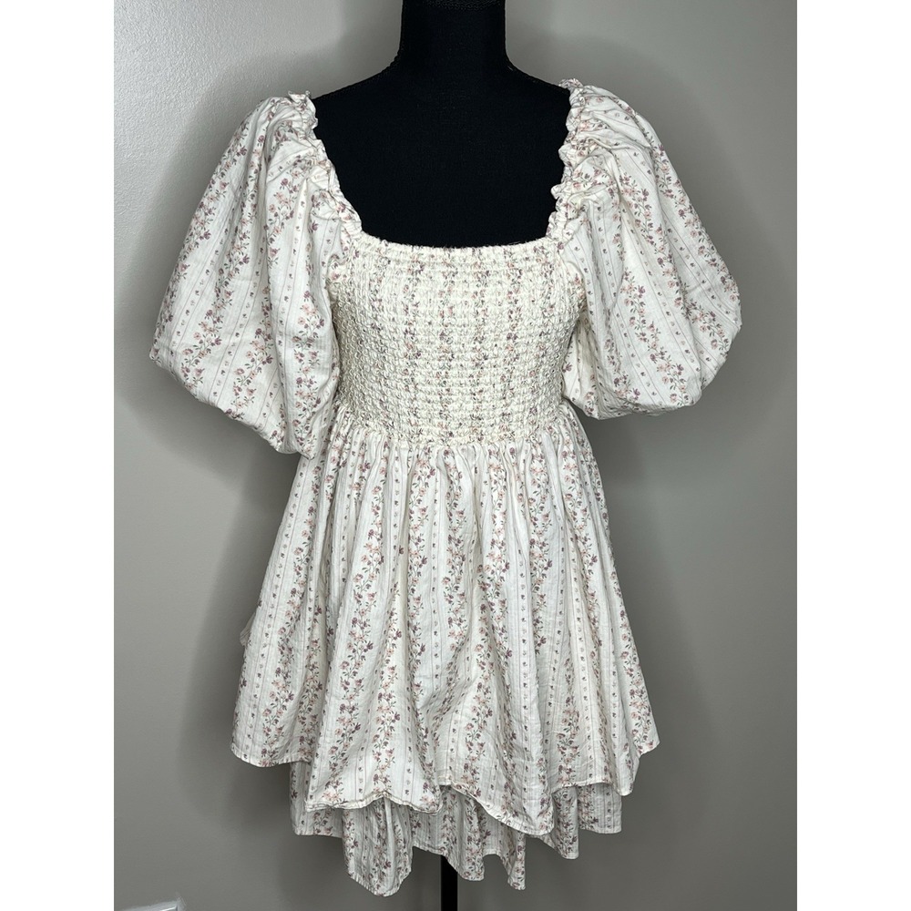 Noralee Cream Floral Cottage Core Dress With Balloon Sleeves Size Medium